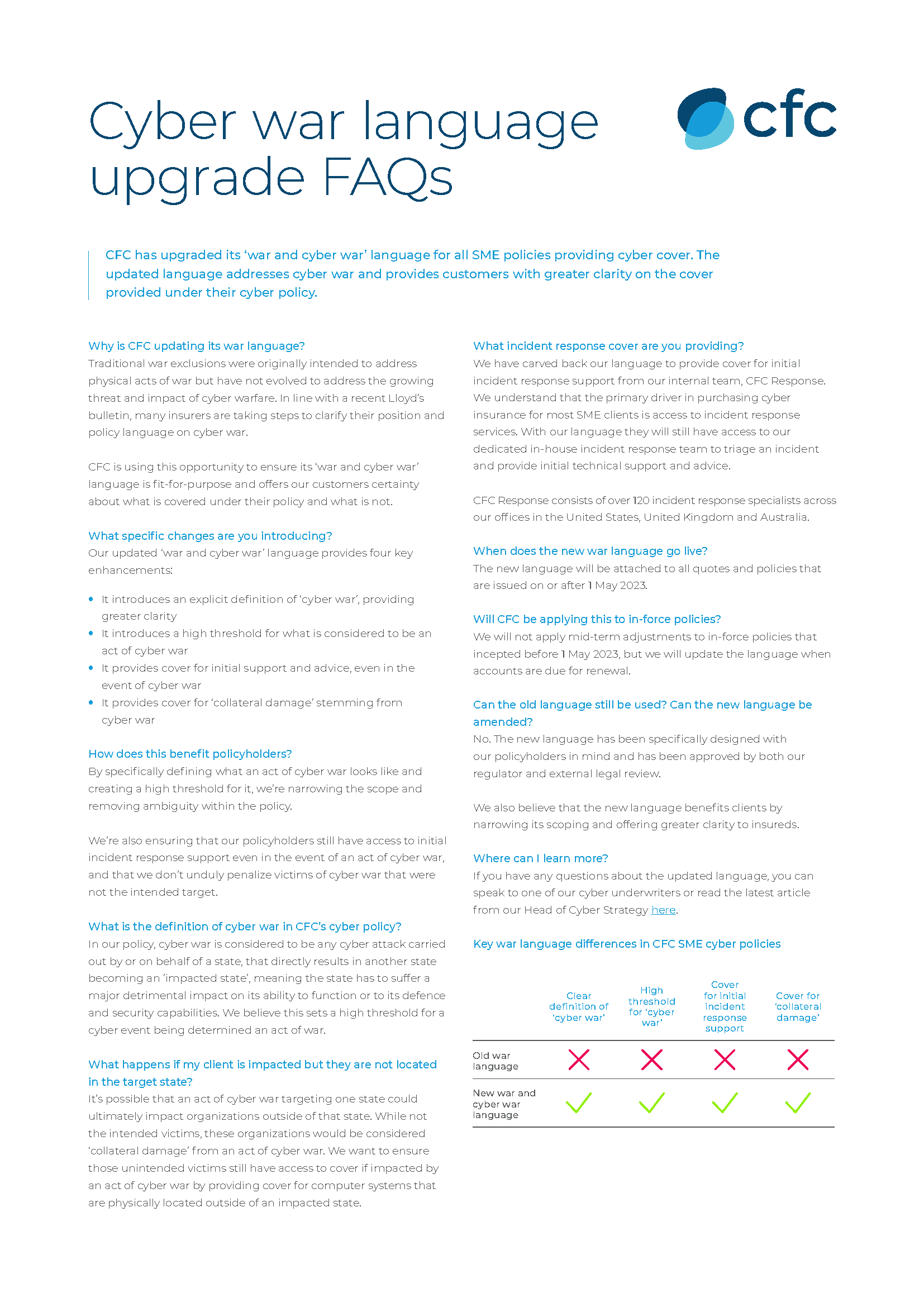 CFC Cyber Insurance: Cyber War Language Update FAQs